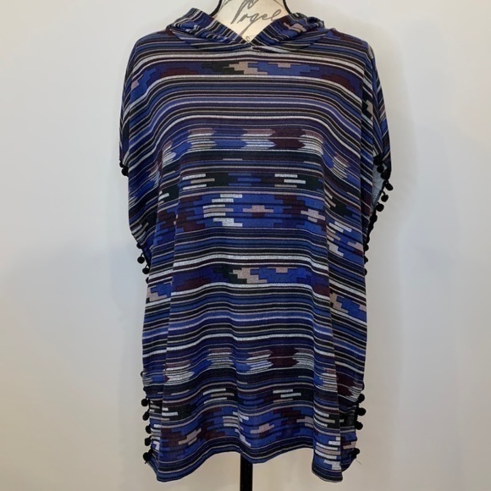 Rafi & Ro hooded poncho top pom pom detail Aztec southwest print S/M